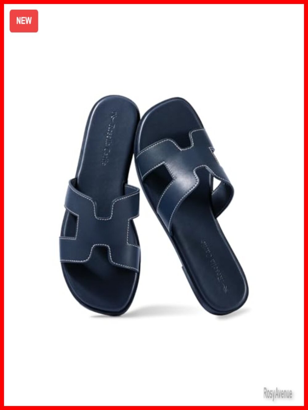 Women's Leather Slide Sandals Memory Foam Square Toe Slip On H Strap